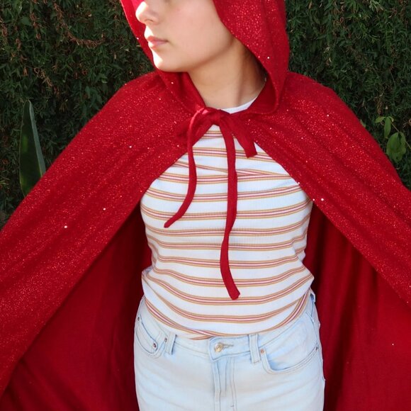 new women adult Halloween costume cape medieval red hooded glitter shimmer - Picture 2 of 5